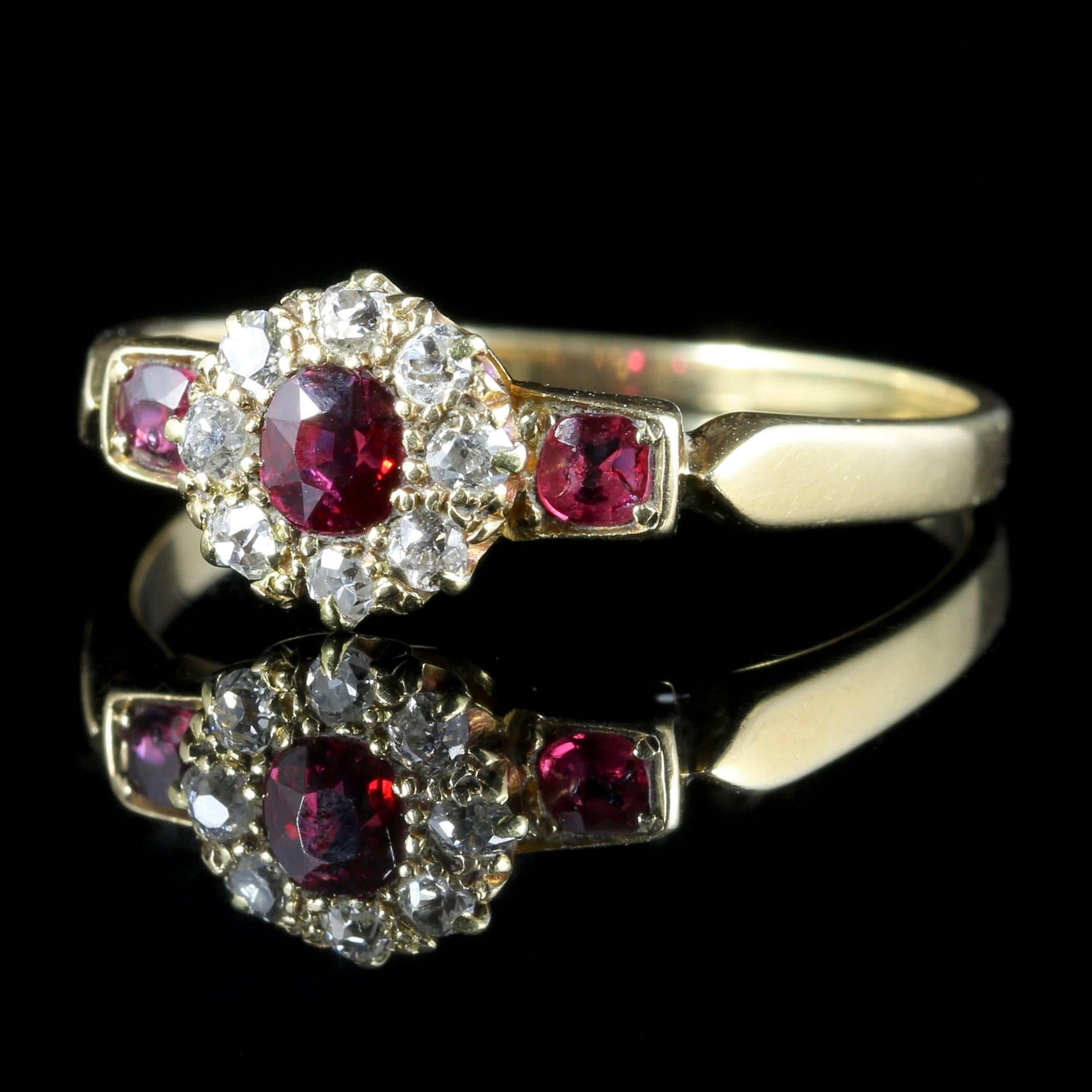 For more details please click continue reading down below...

This stunning genuine antique Victorian Ruby Diamond ring is Circa 1880, set in 18ct Yellow Gold.

Set with a beautiful cluster with a central Ruby 0.20ct in size, and surrounded by