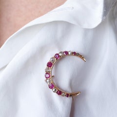 Antique Victorian Ruby & Diamond Crescent Brooch 18K Gold - c.1880