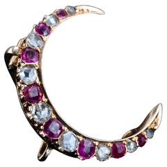 Antique Victorian Ruby
Diamond Crescent Brooch 18K Gold - c.1880