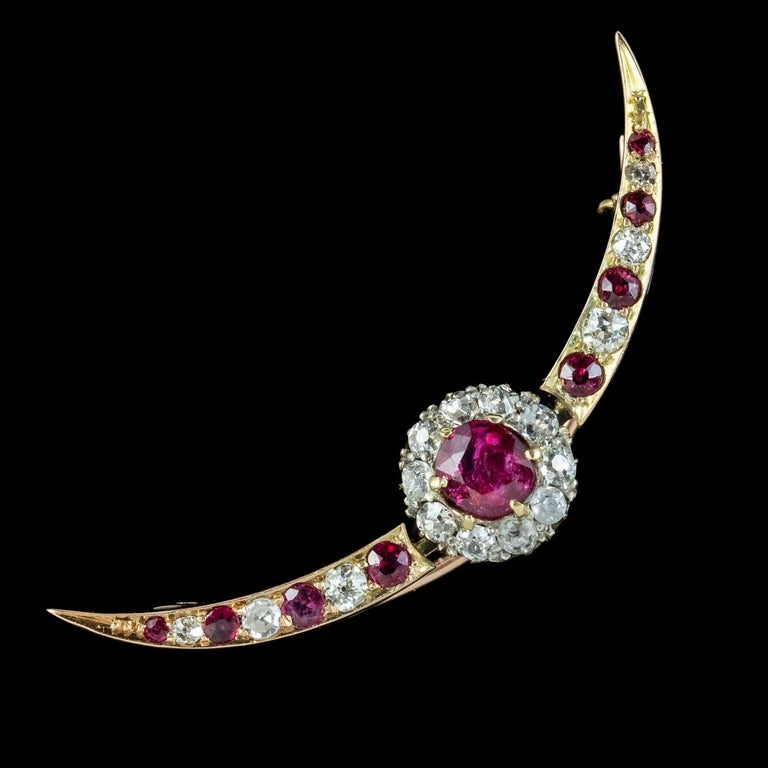 Old Mine Cut Antique Victorian Ruby Diamond Crescent Moon Brooch 1ct of Ruby For Sale