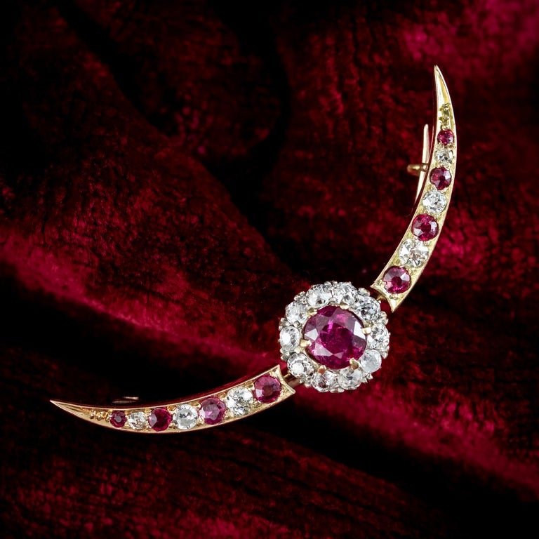 Antique Victorian Ruby Diamond Crescent Moon Brooch 1ct of Ruby For Sale 3