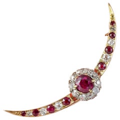 Antique Victorian Ruby Diamond Crescent Moon Brooch 1ct of Ruby