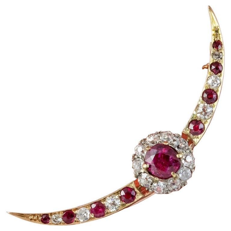 Antique Victorian Ruby Diamond Crescent Moon Brooch 1ct of Ruby For Sale