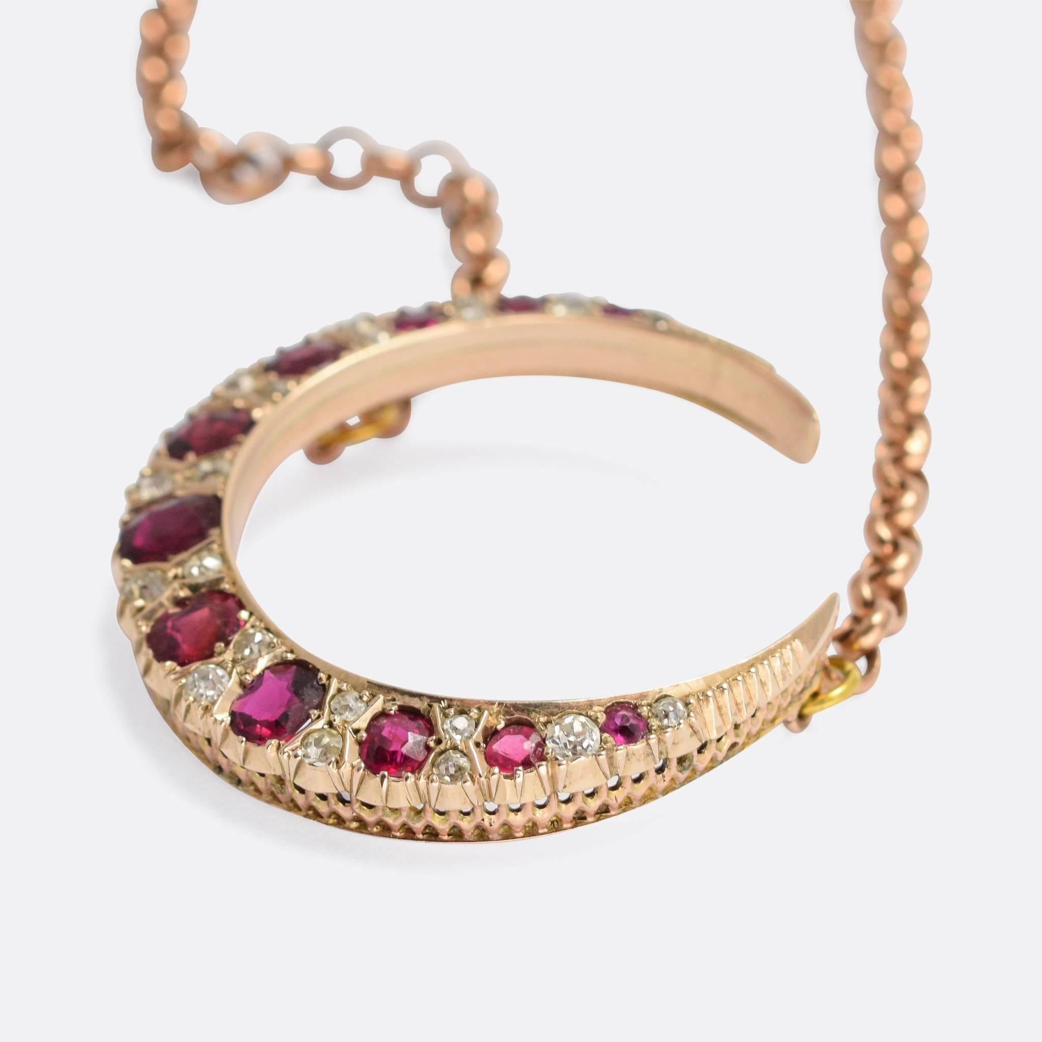 A classic Victorian ruby and diamond crescent moon necklace, mounted on a period gold belcher chain. A fine quality piece set with exceptional stones, made circa 1880.

STONES
Natural Pigeon Blood Rubies - range from: 5.1 to 2.0mm
Old Mine Cut