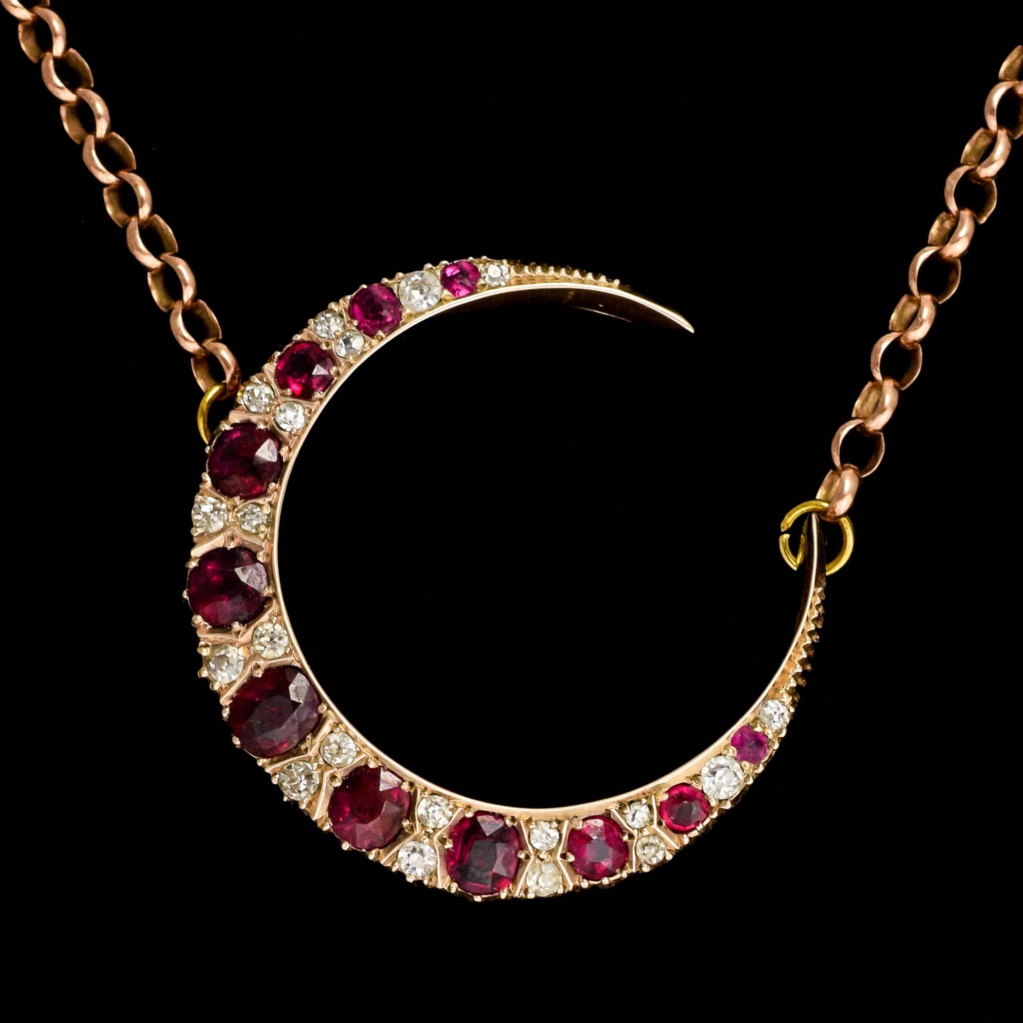 Late Victorian Antique Victorian Ruby Diamond Crescent Moon Gold Necklace