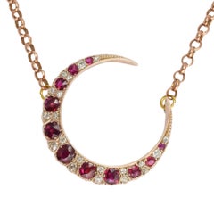 Antique Victorian Ruby Diamond Crescent Moon Gold Necklace