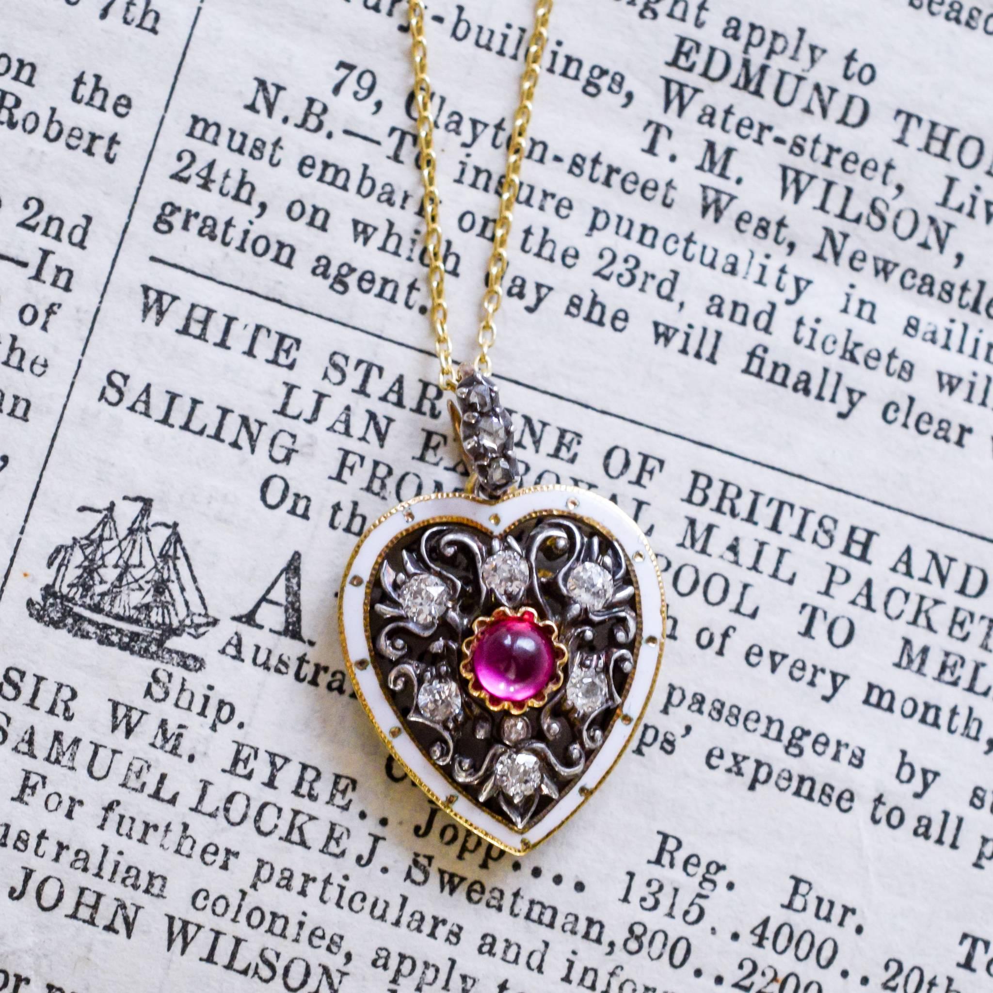 Antique Victorian Ruby Diamond Enamel Heart Pendant Necklace 1