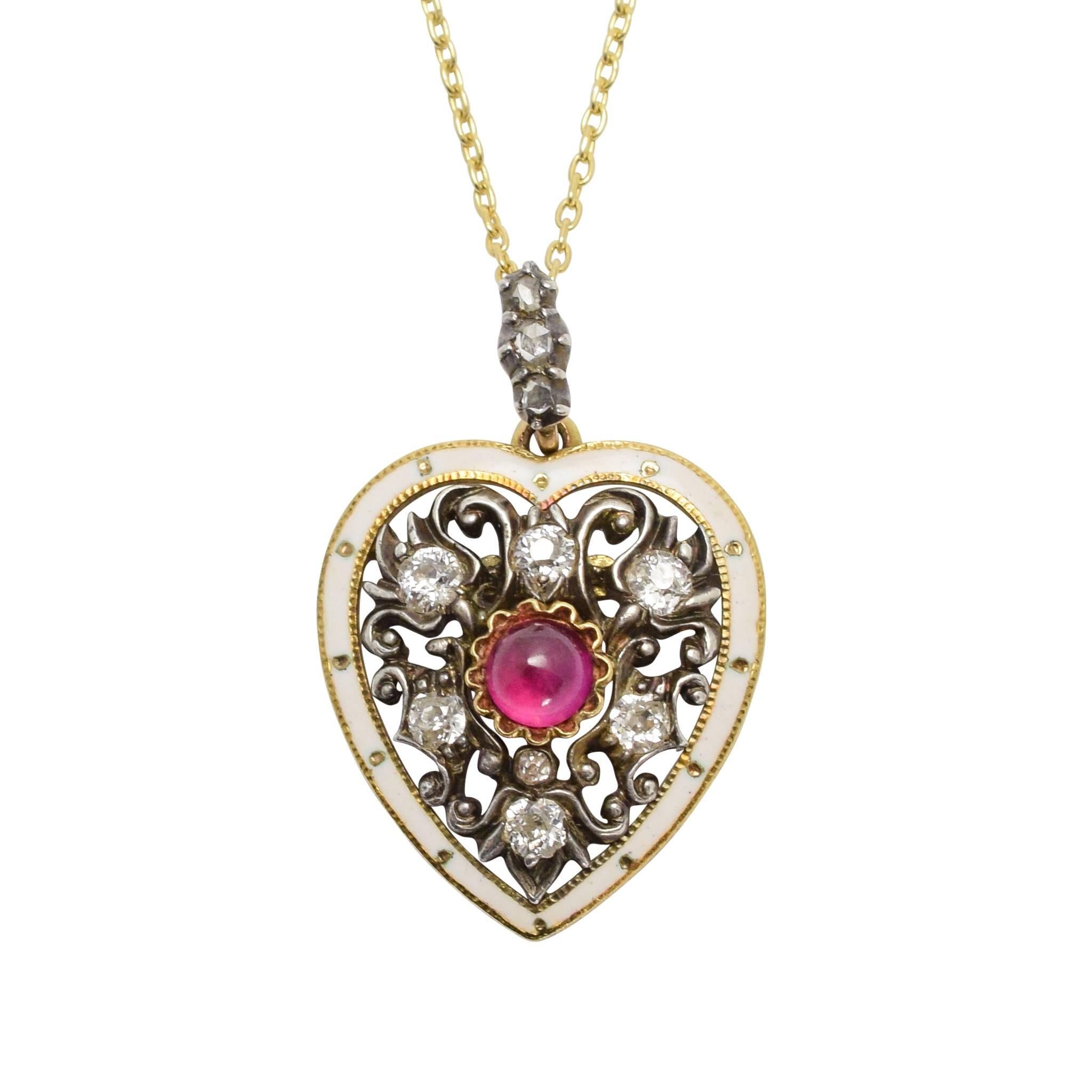 Antique Victorian Ruby Diamond Enamel Heart Pendant Necklace