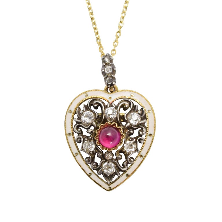 Antique Victorian Ruby Diamond Enamel Heart Pendant Necklace at 1stDibs