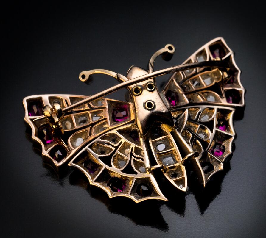 Antike viktorianische Schmetterlingsbrosche, Rubin Diamant Gold (Alteurop�äischer Brillantschliff)