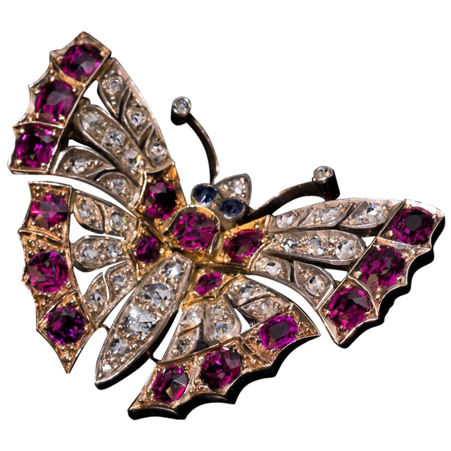Antike viktorianische Schmetterlingsbrosche, Rubin Diamant Gold