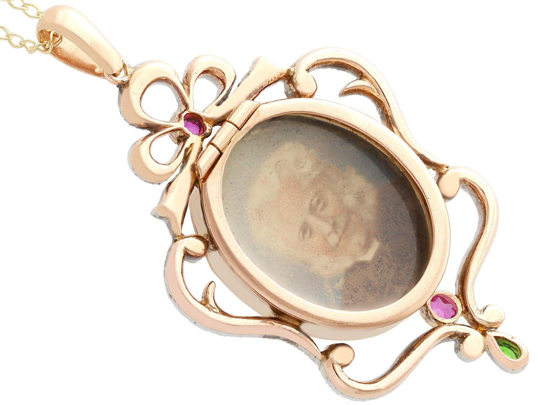 Women's or Men's Victorian Ruby Diamond Green Paste Rose Gold Pendant / Locket  For Sale