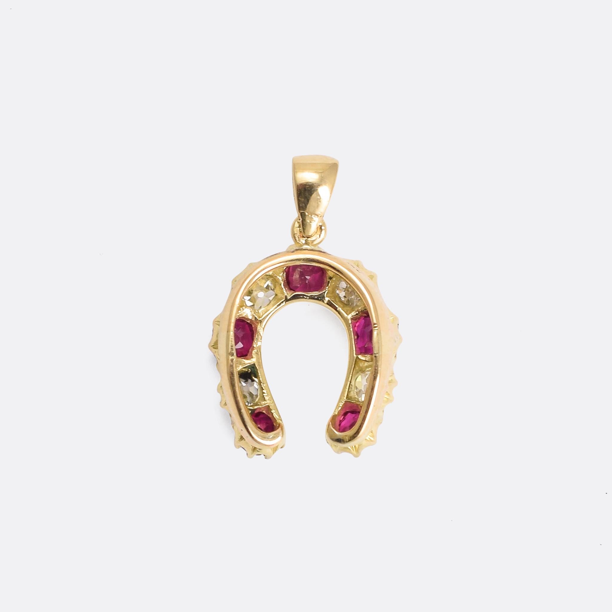 Late Victorian Antique Victorian Ruby Diamond Lucky Horseshoe Pendant