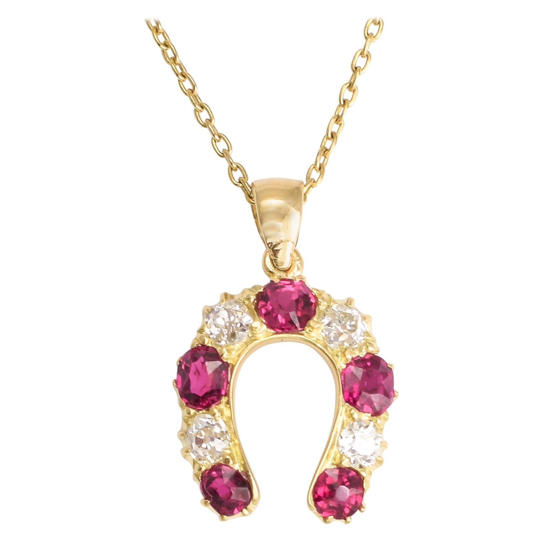 Antique Victorian Ruby Diamond Lucky Horseshoe Pendant