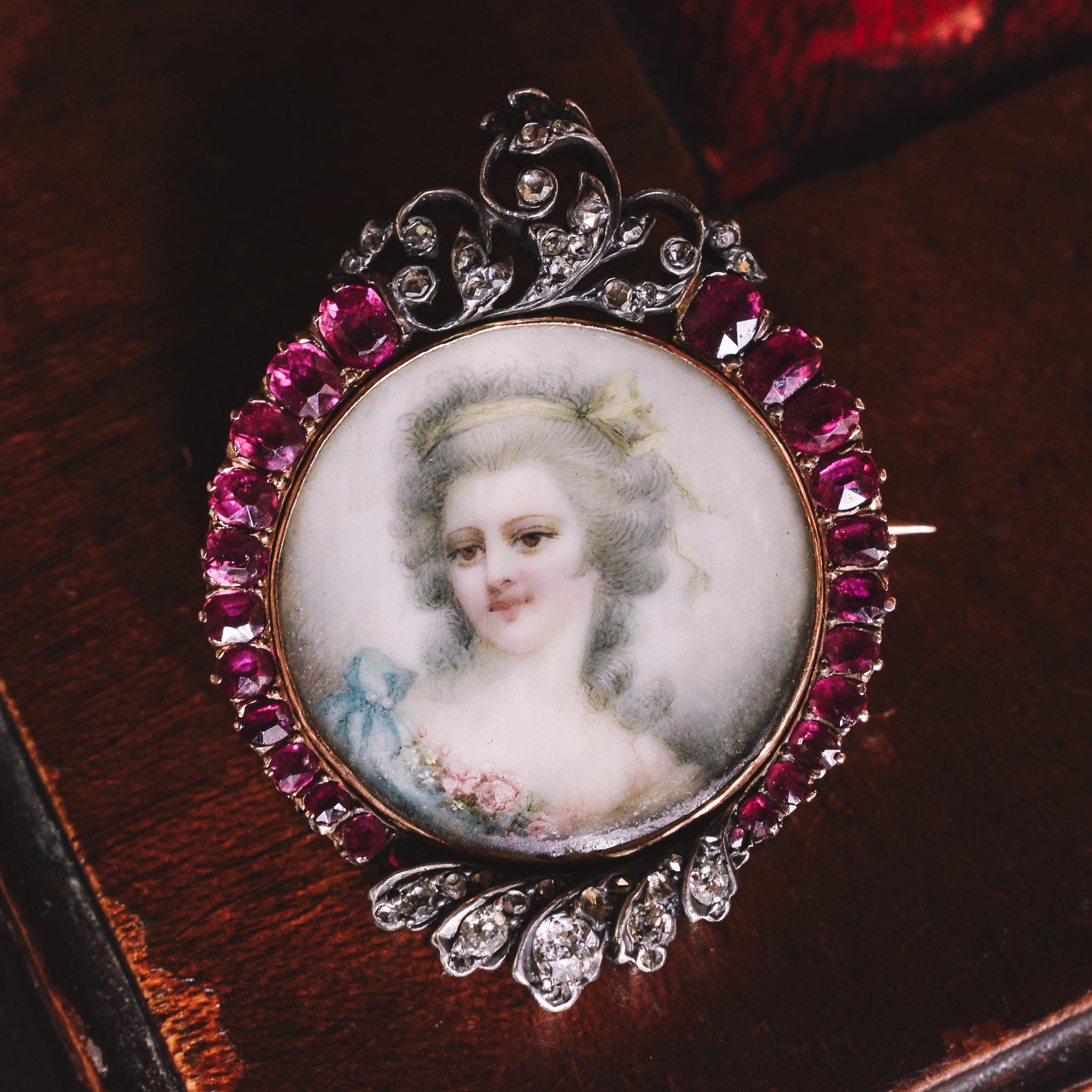 Women's Antique Victorian Ruby Diamond Miniature Portrait Brooch