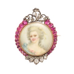 Antique Victorian Ruby Diamond Miniature Portrait Brooch