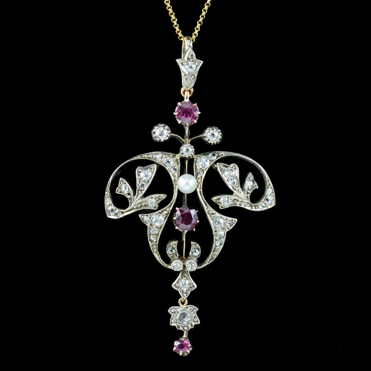 Old European Cut Antique Victorian Ruby Diamond Pearl Pendant Necklace 0.90ct Ruby For Sale