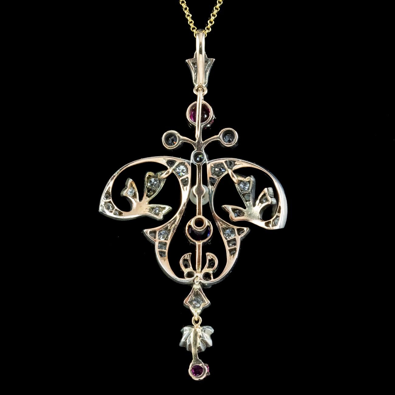 Antique Victorian Ruby Diamond Pearl Pendant Necklace 0.90ct Ruby In Good Condition For Sale In Kendal, GB