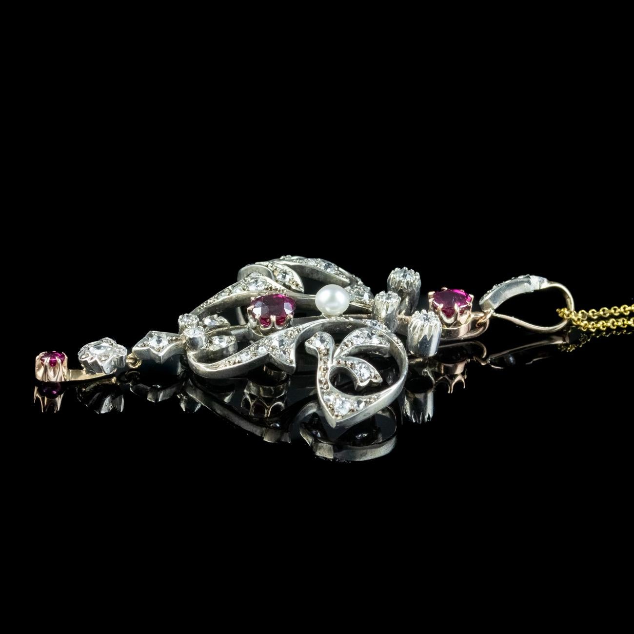 Women's Antique Victorian Ruby Diamond Pearl Pendant Necklace 0.90ct Ruby For Sale