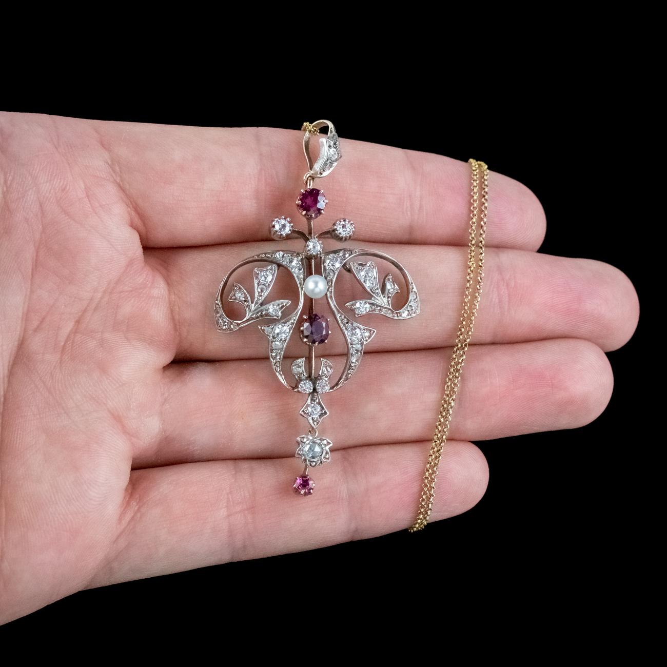 Antique Victorian Ruby Diamond Pearl Pendant Necklace 0.90ct Ruby For Sale 2