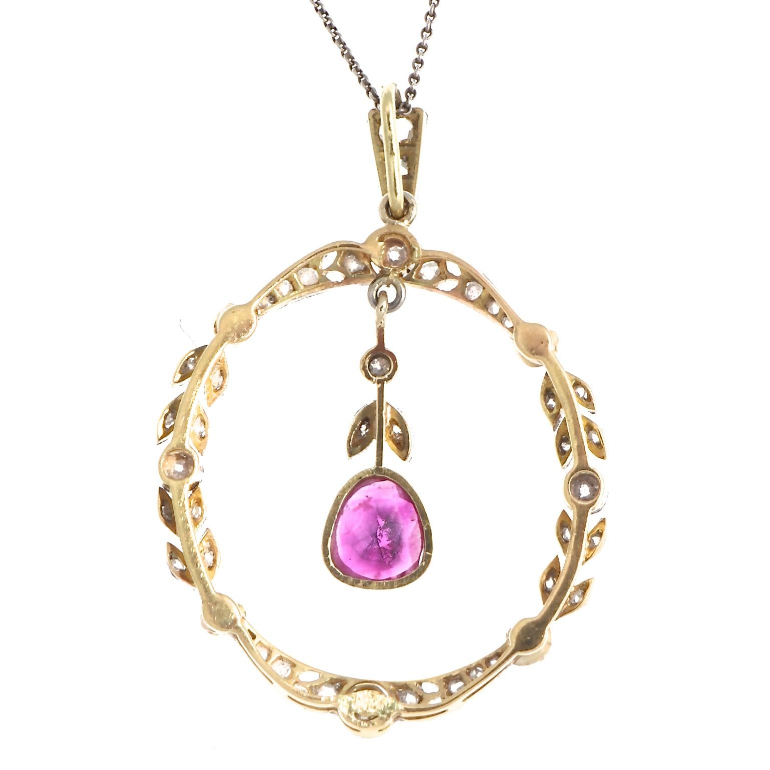 Rose Cut Antique Victorian Ruby Diamond Pearl Platinum 18k Pendant Necklace circa 1800s