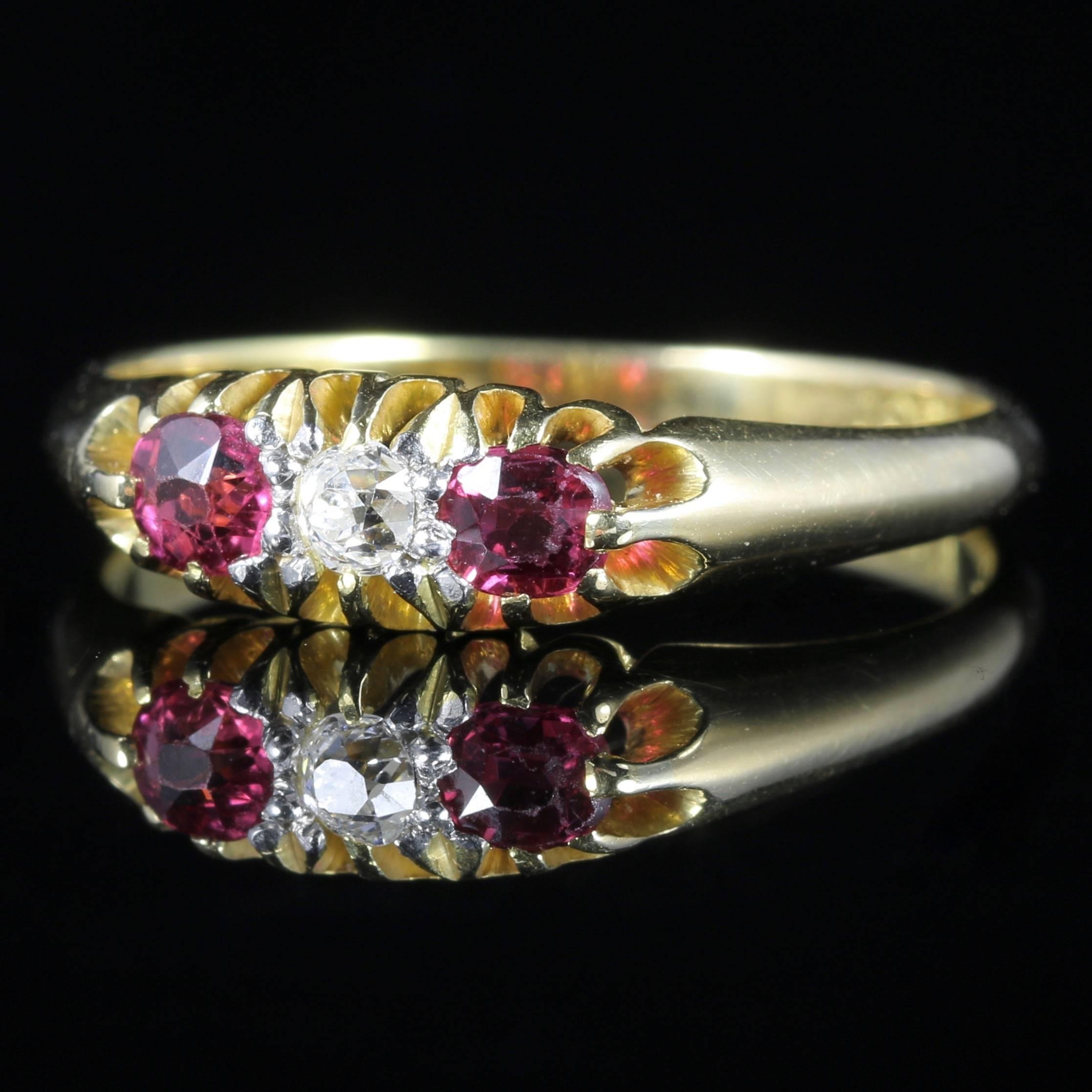 For more details please click continue reading down below...

This delightful Antique Ruby and Diamond ring is fully hallmarked 18ct Gold, Plat. Circa 1900

Set with a trilogy of stones, 2 Rubies which are 0.10ct each and a central Diamond which is