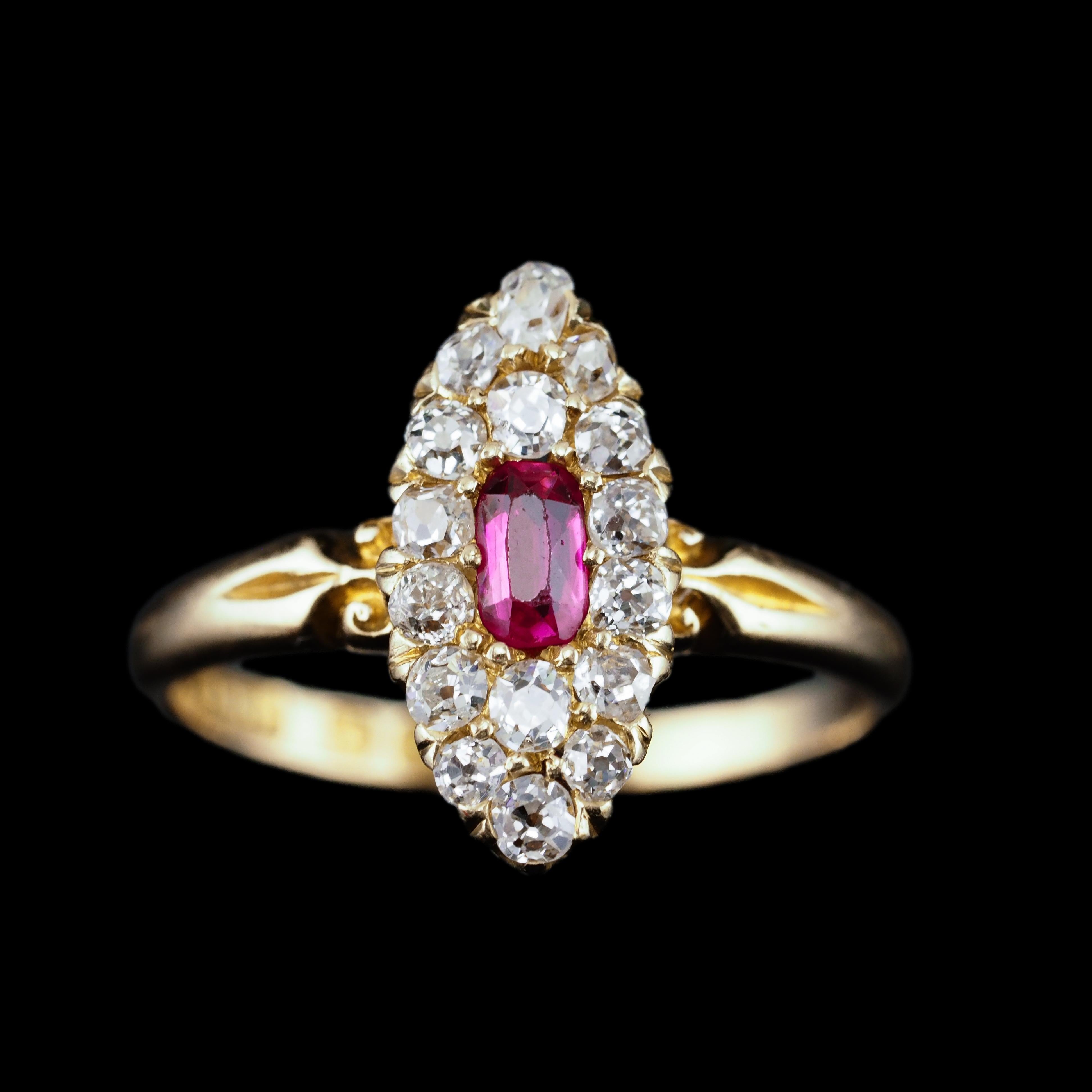 Antique Victorian Ruby & Diamond Ring 18K Gold Cluster Navette Design - 1886 For Sale 5