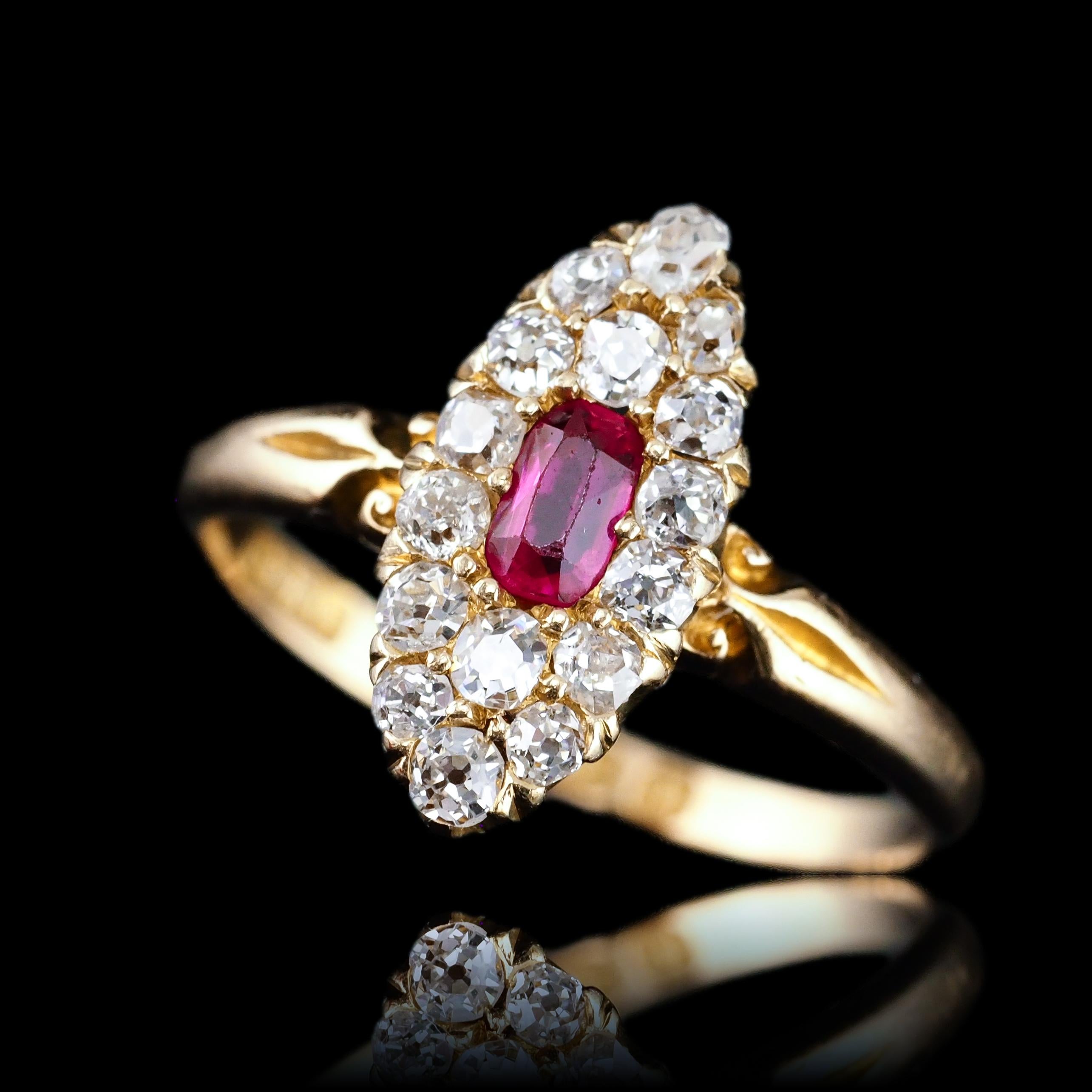 Antique Victorian Ruby & Diamond Ring 18K Gold Cluster Navette Design - 1886 For Sale 6