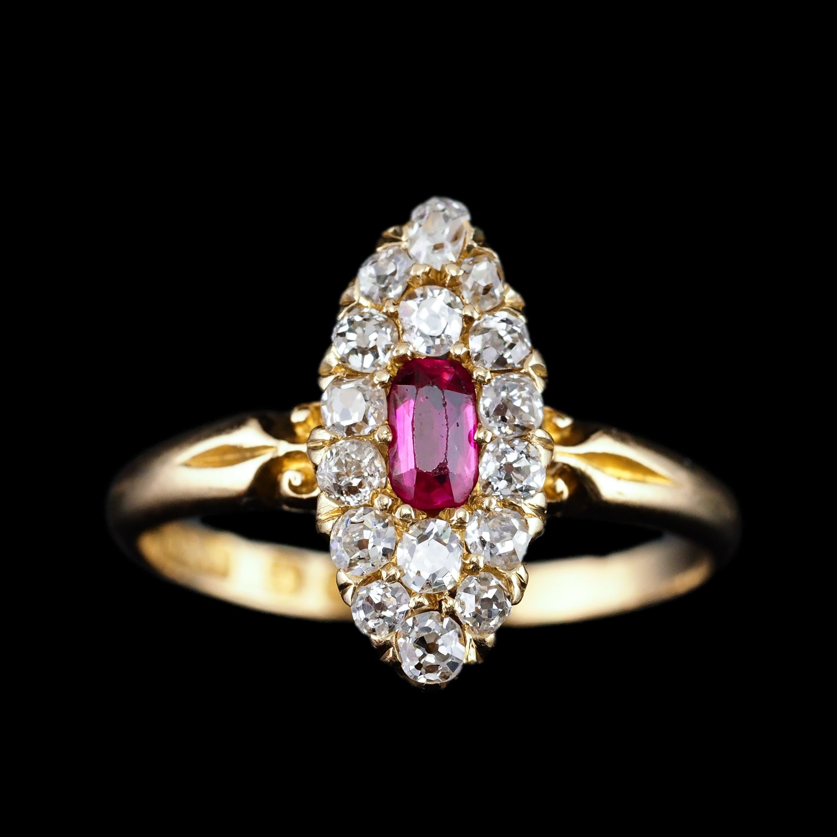 Antique Victorian Ruby & Diamond Ring 18K Gold Cluster Navette Design - 1886 For Sale 7