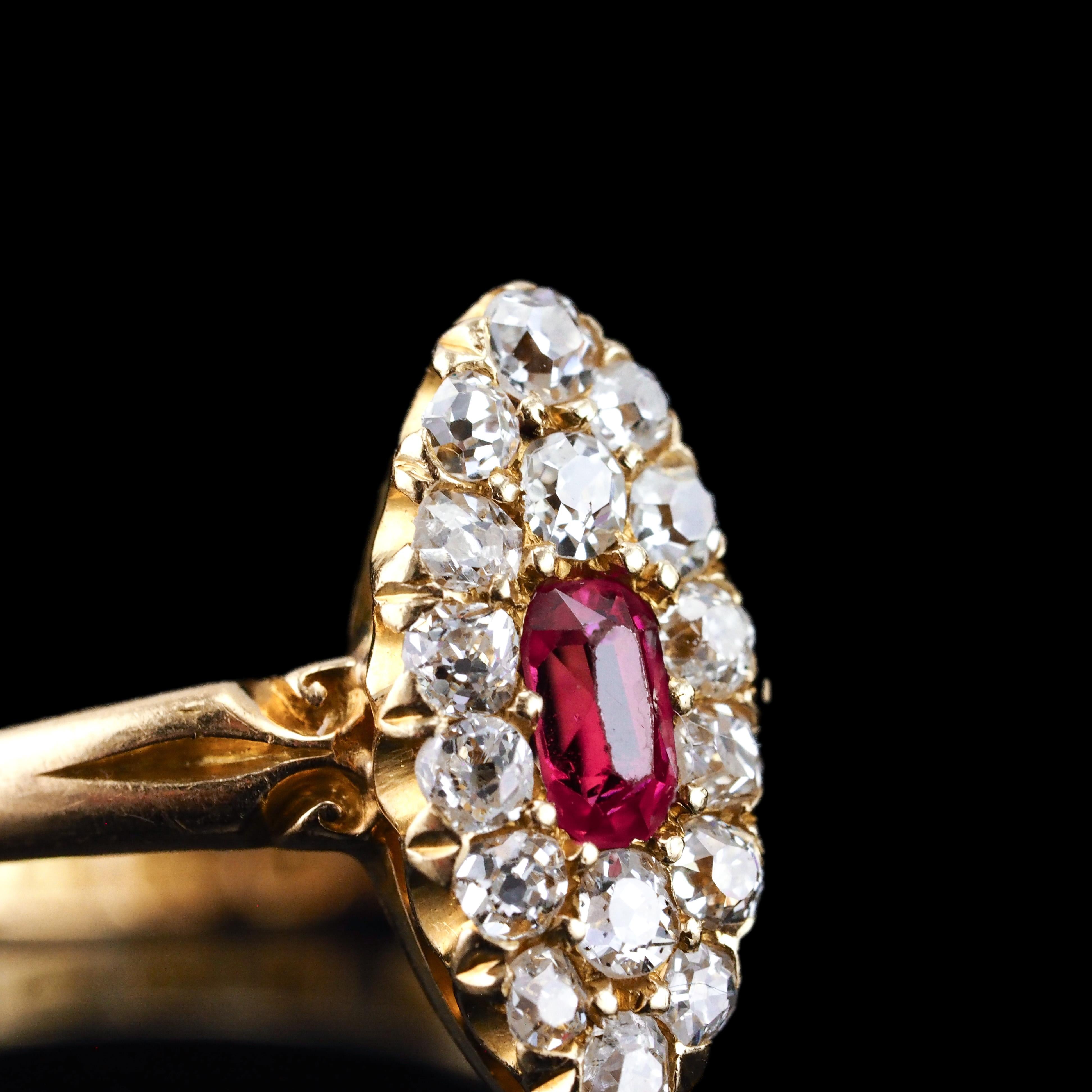 Antique Victorian Ruby & Diamond Ring 18K Gold Cluster Navette Design - 1886 In Good Condition For Sale In London, GB