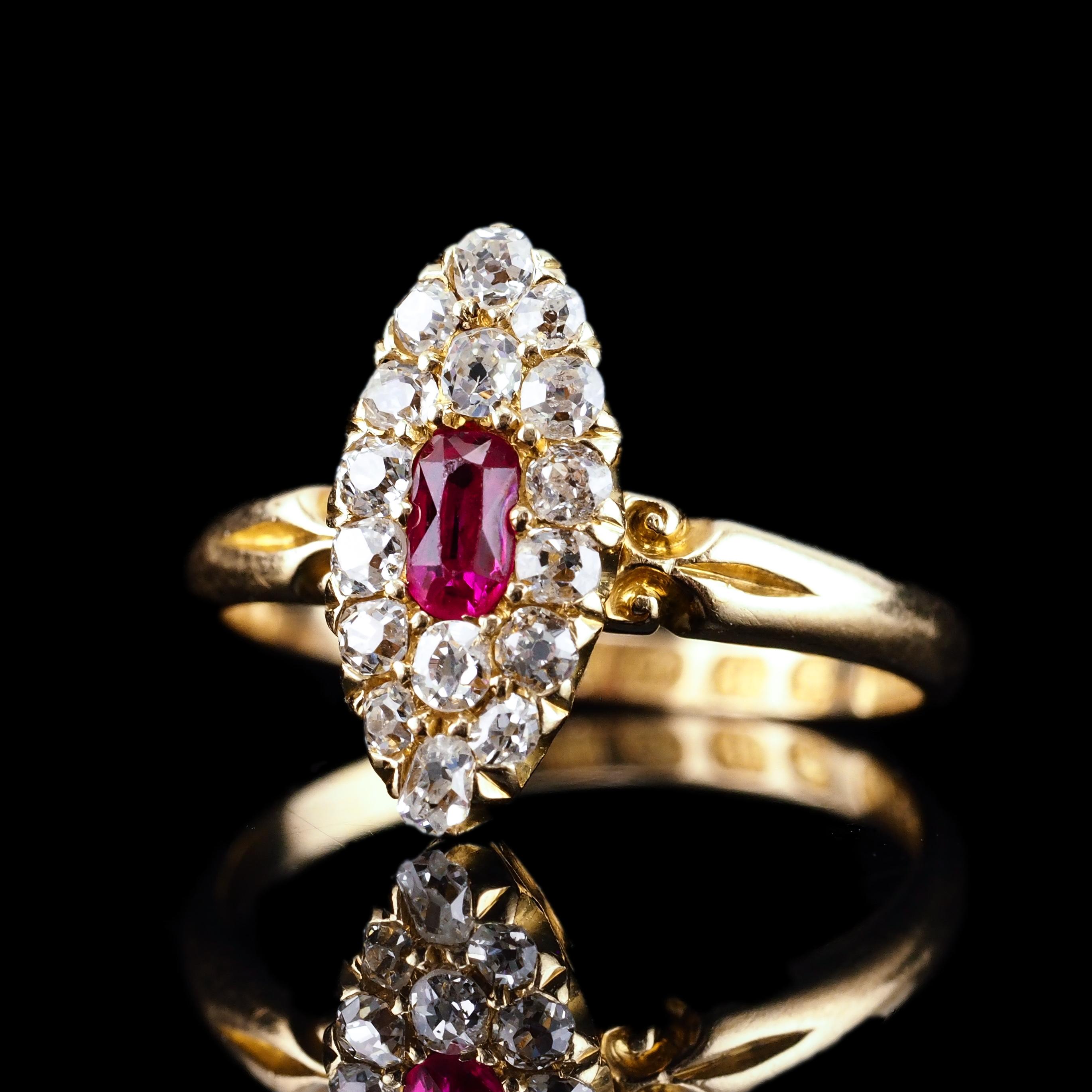 Antique Victorian Ruby & Diamond Ring 18K Gold Cluster Navette Design - 1886 For Sale 4