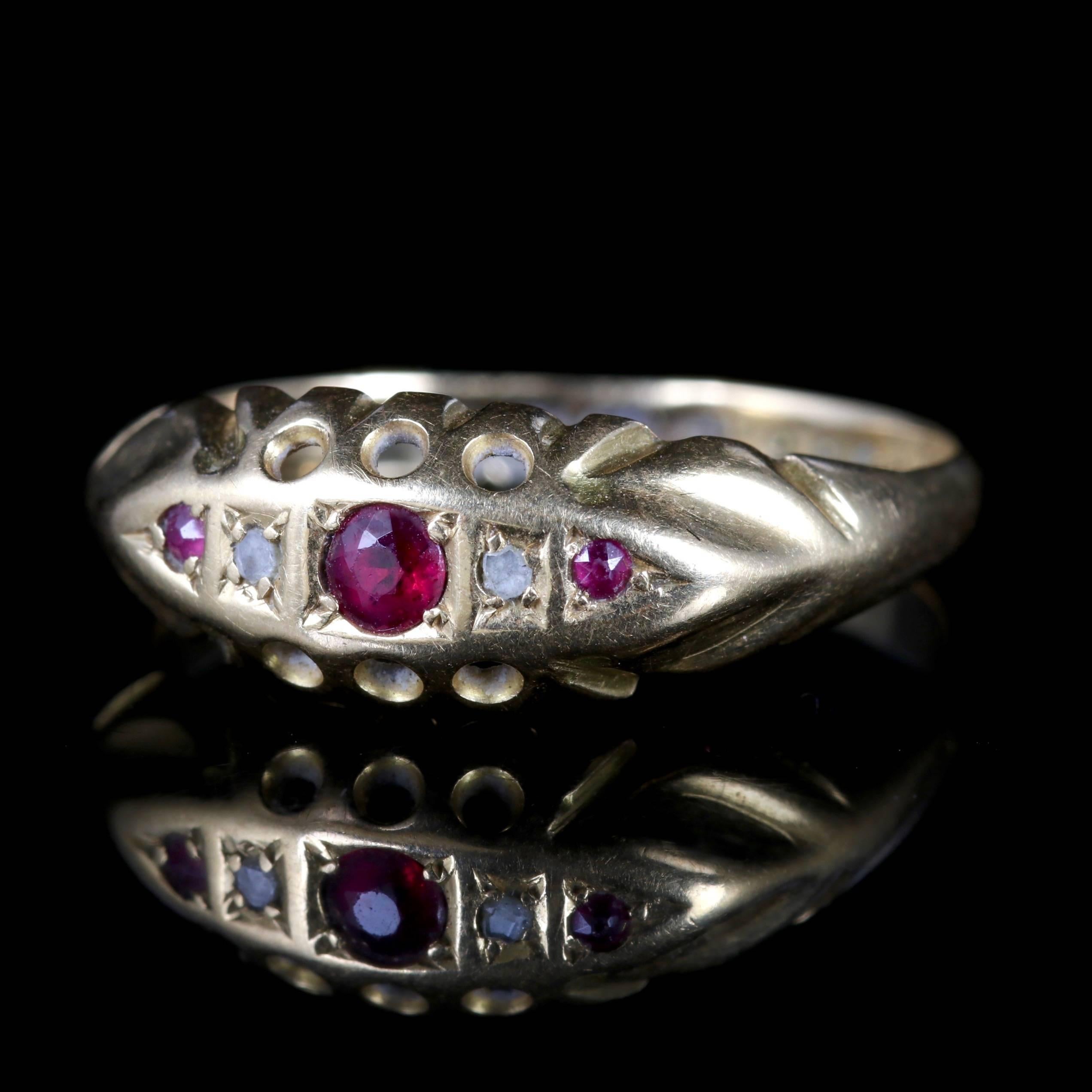 This beautiful Victorian ring is set in 18ct Gold, dated 1892

Rubies and Diamonds are nested in-between the lovely Gold gallery, showing beautiful craftsmanship of its time.

The Diamonds sparkle and glisten with immense brilliance and life