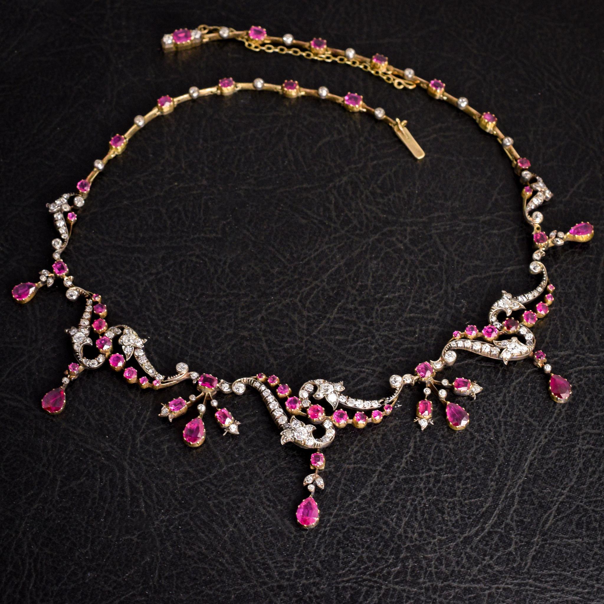 Antique Victorian Ruby Diamond Rococo Revival Necklace 6