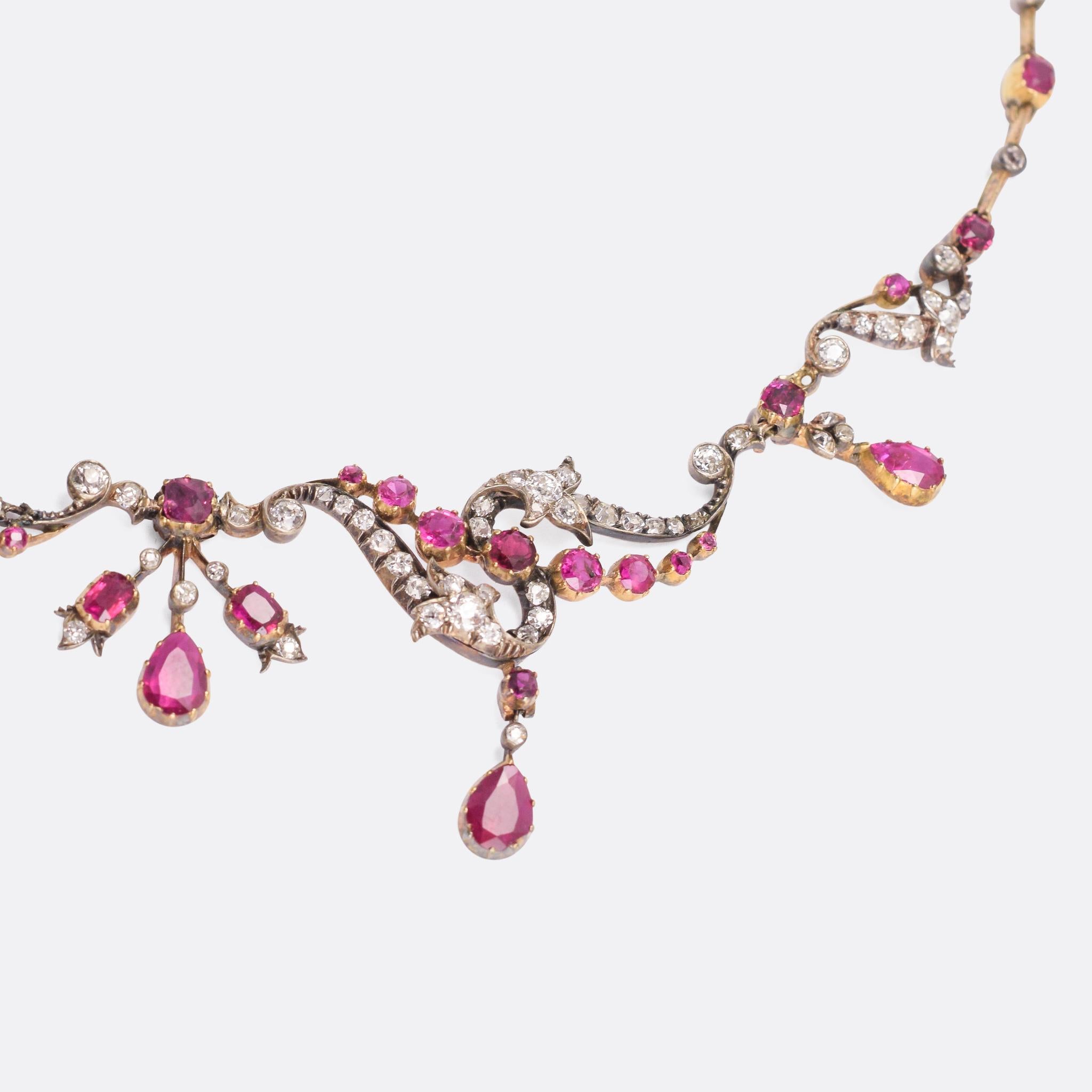 Antique Victorian Ruby Diamond Rococo Revival Necklace In Excellent Condition In Sale, Cheshire