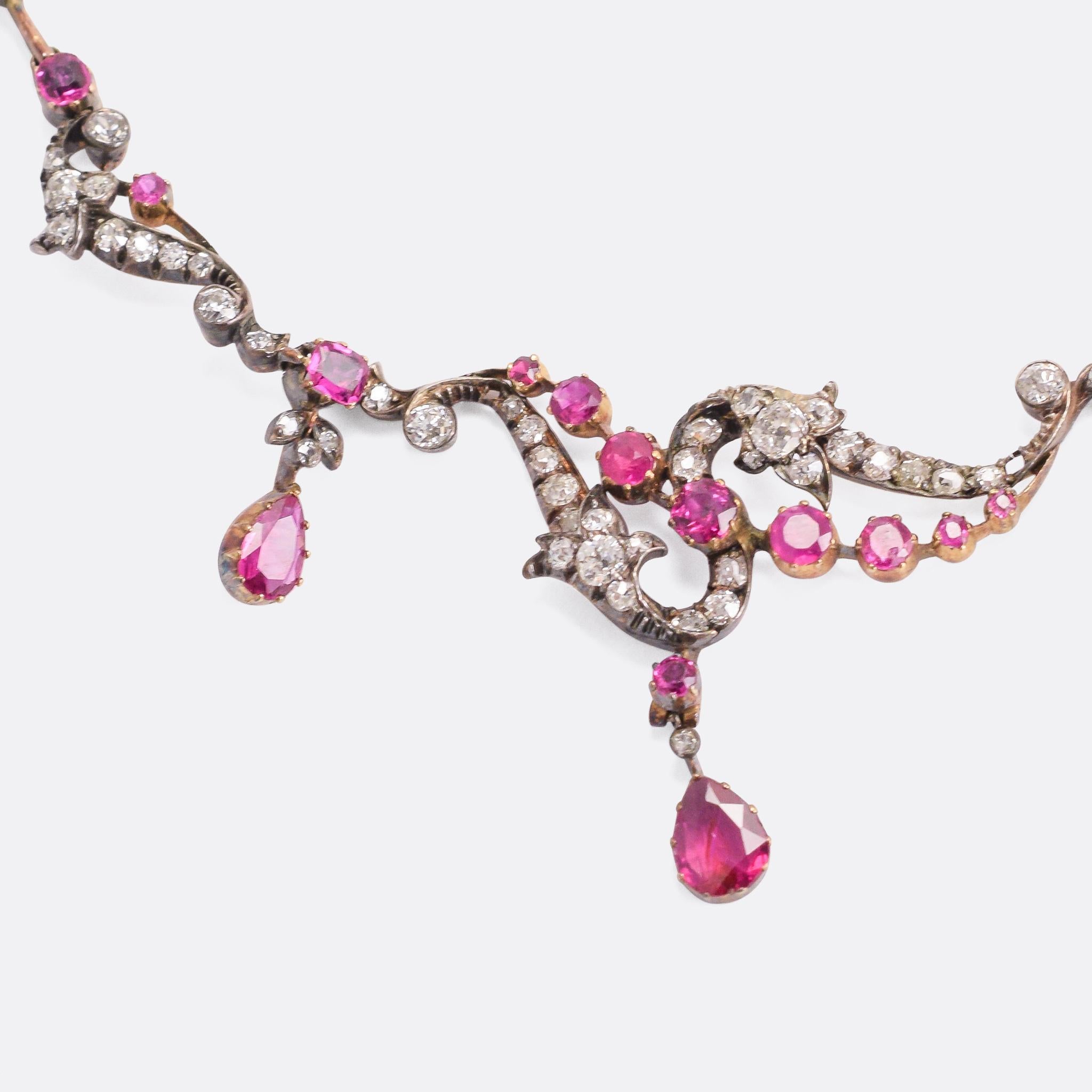 Women's Antique Victorian Ruby Diamond Rococo Revival Necklace