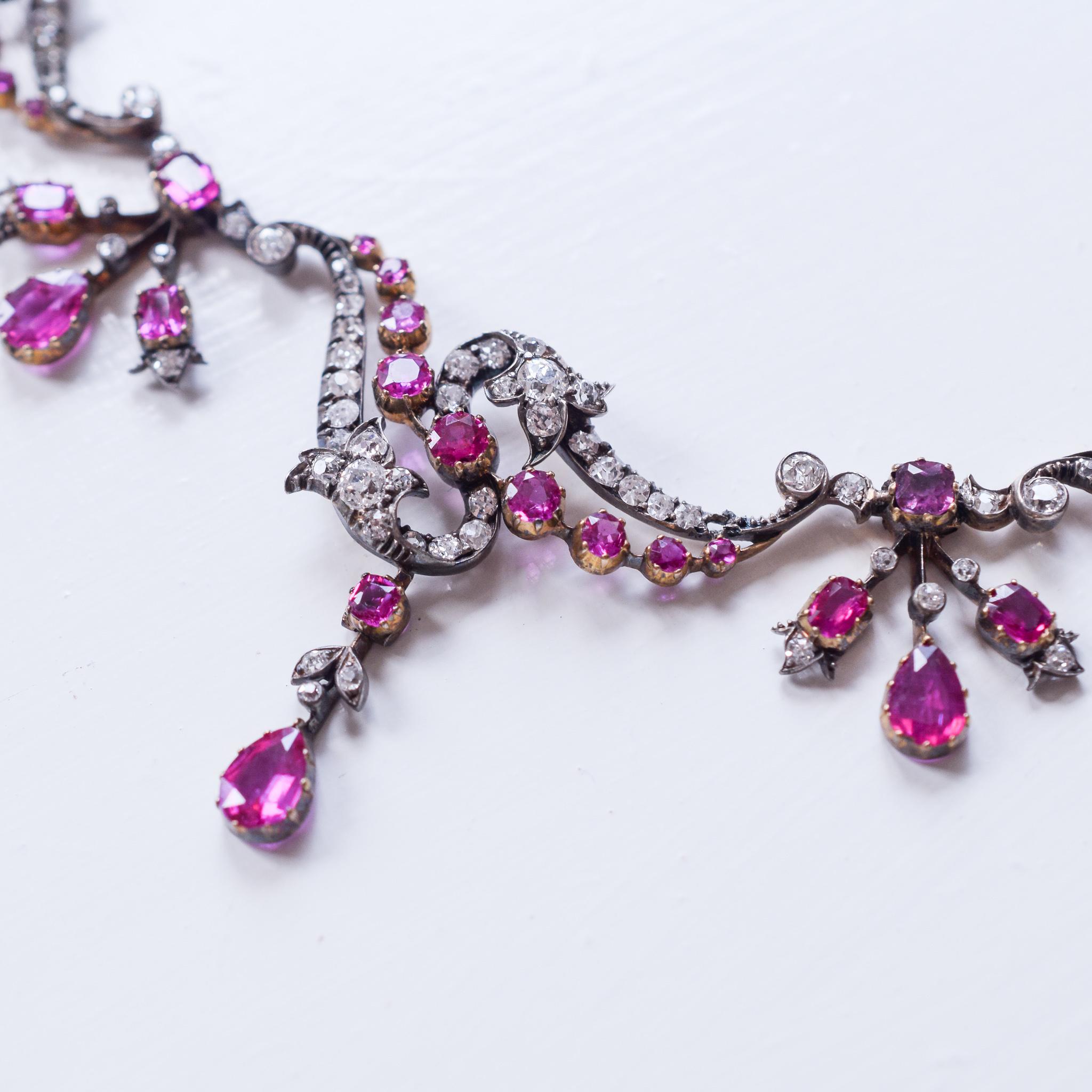 Antique Victorian Ruby Diamond Rococo Revival Necklace 4