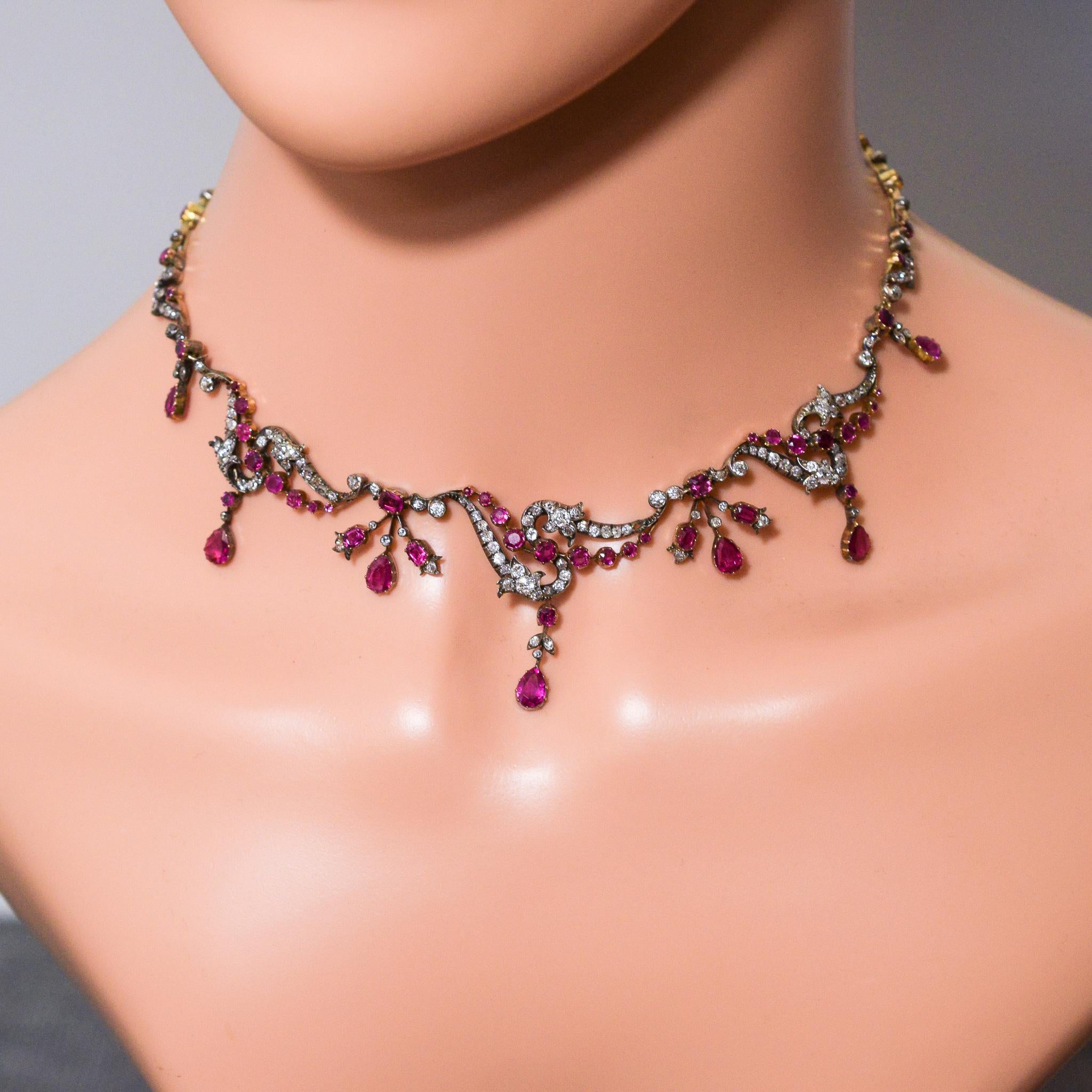 Antique Victorian Ruby Diamond Rococo Revival Necklace 5