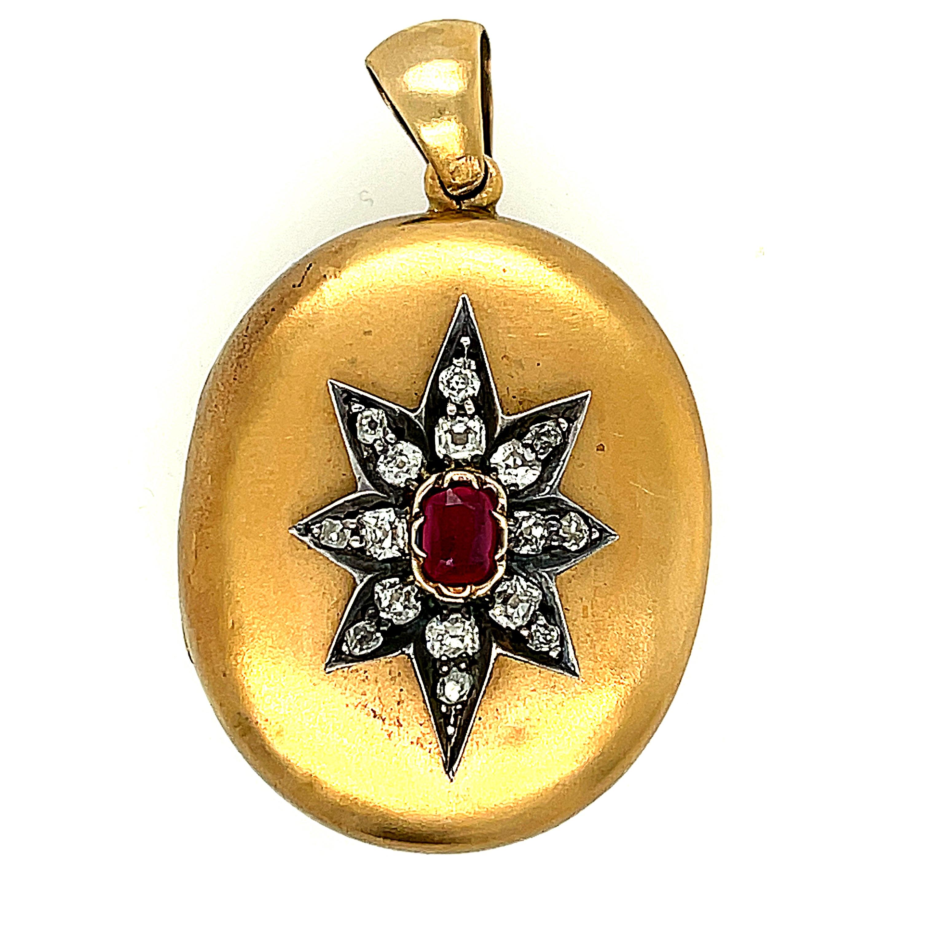 Antikes viktorianisches Rubin-Smaragd-Diamant-Rückgold-Medaillon aus 14 Karat Gold (Alteuropäischer Brillantschliff) im Angebot