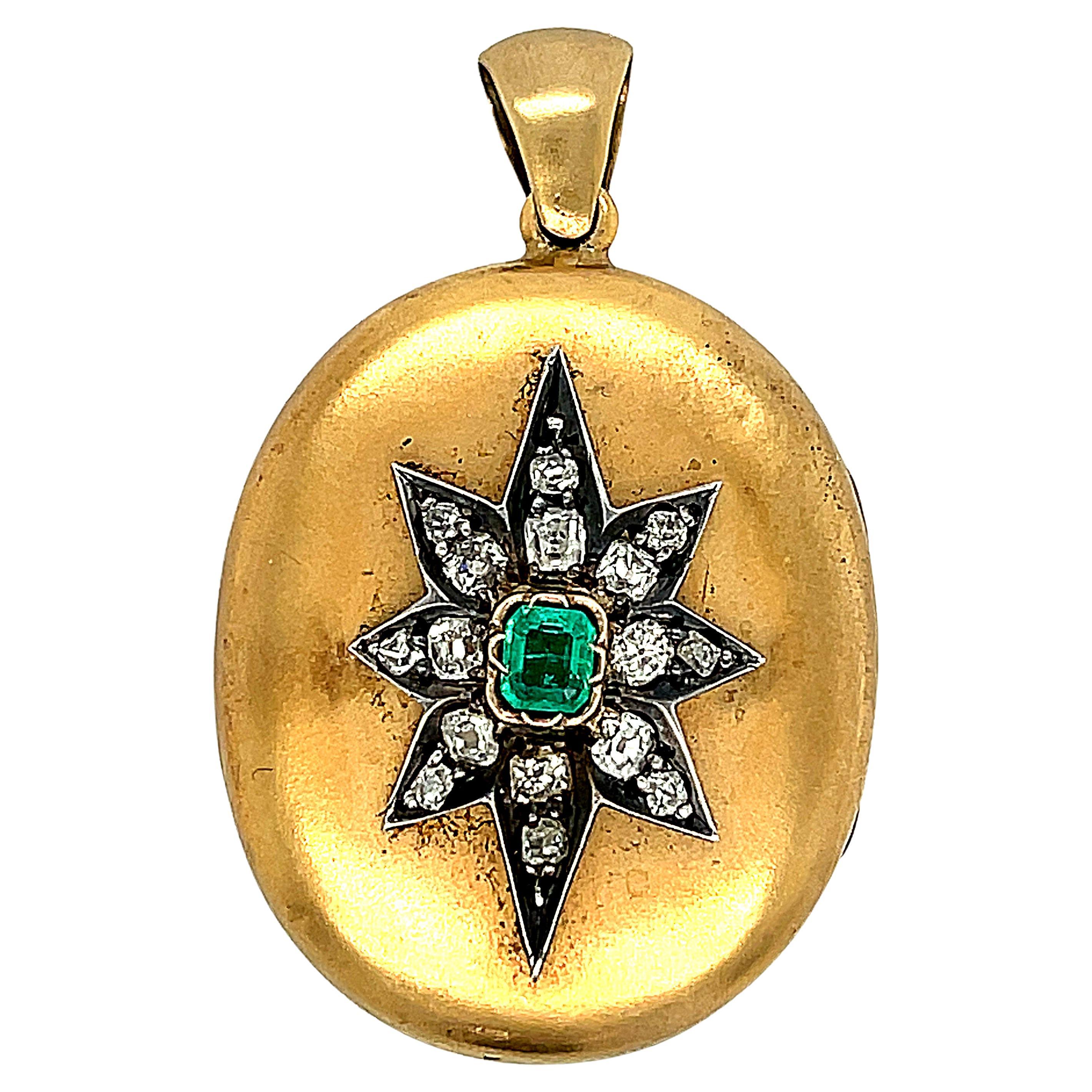 Antikes viktorianisches Rubin-Smaragd-Diamant-Rückgold-Medaillon aus 14 Karat Gold