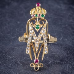 Antique Victorian Ruby Emerald Diamond Ring Initial M Ring, circa 1900