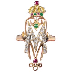 Antique Victorian Ruby Emerald Diamond Ring Initial M Ring, circa 1900