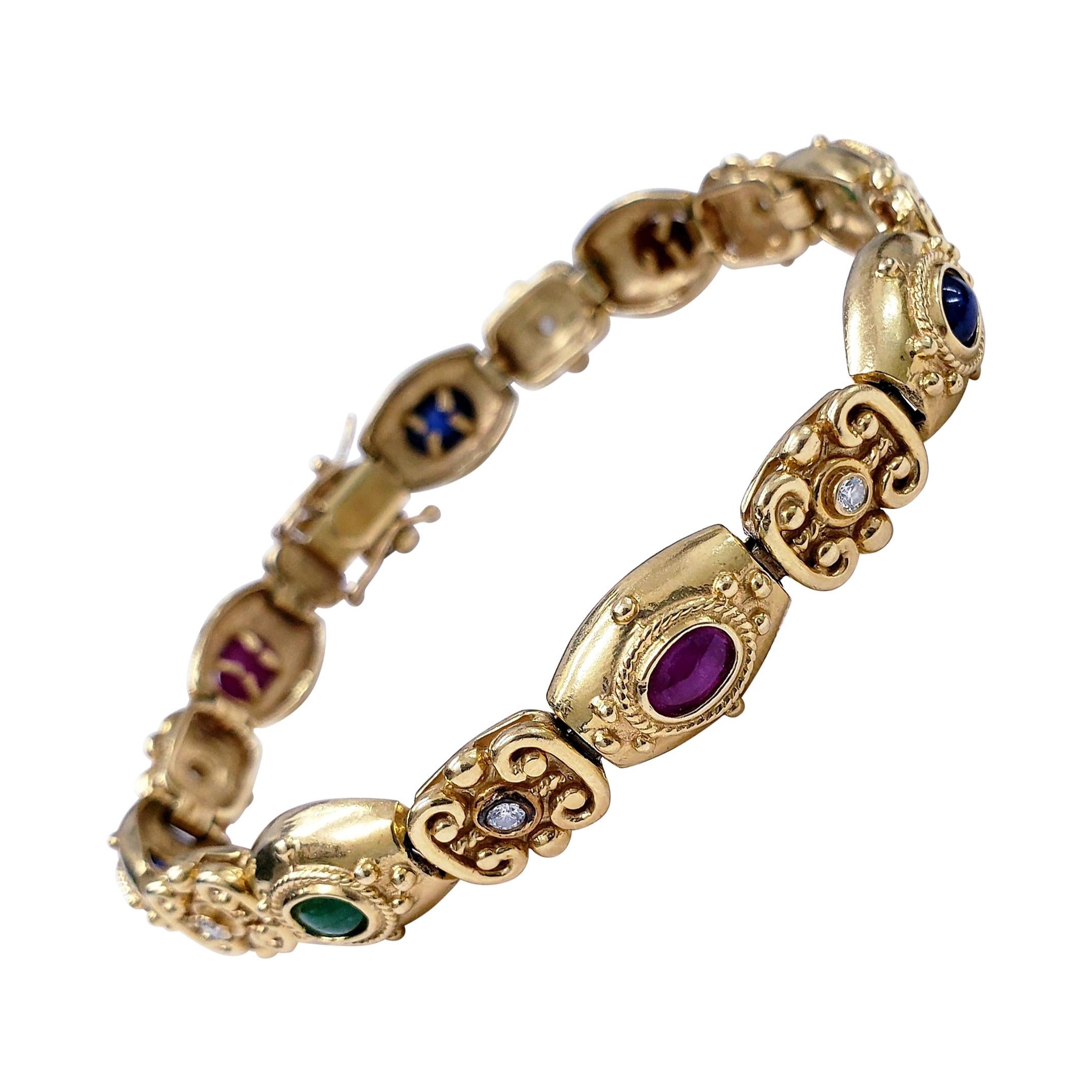 Early Victorian Ruby, Emerald & Blue Sapphire Cabochons and Diamonds Bracelet For Sale