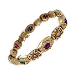 Antique Early Victorian Ruby, Emerald & Blue Sapphire Cabochons and Diamonds Bracelet