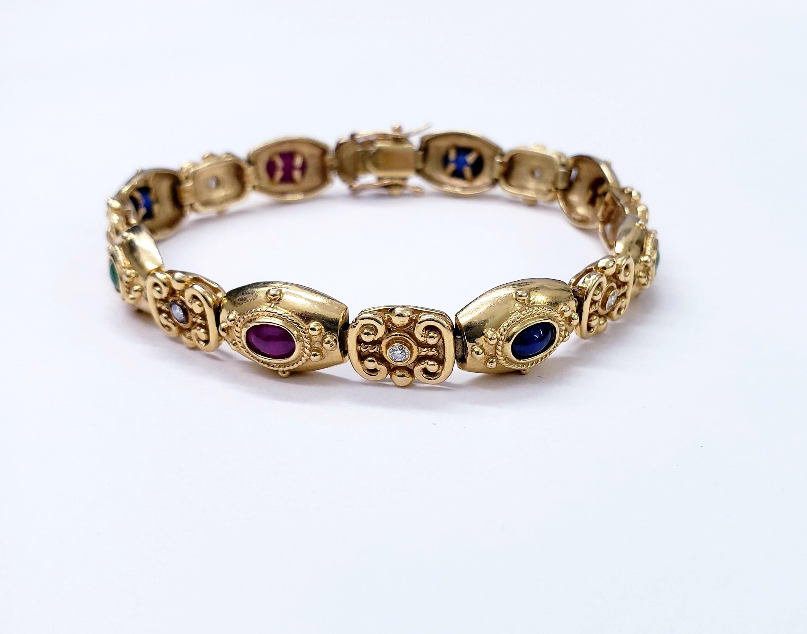 Round Cut Early Victorian Ruby, Emerald & Blue Sapphire Cabochons and Diamonds Bracelet For Sale