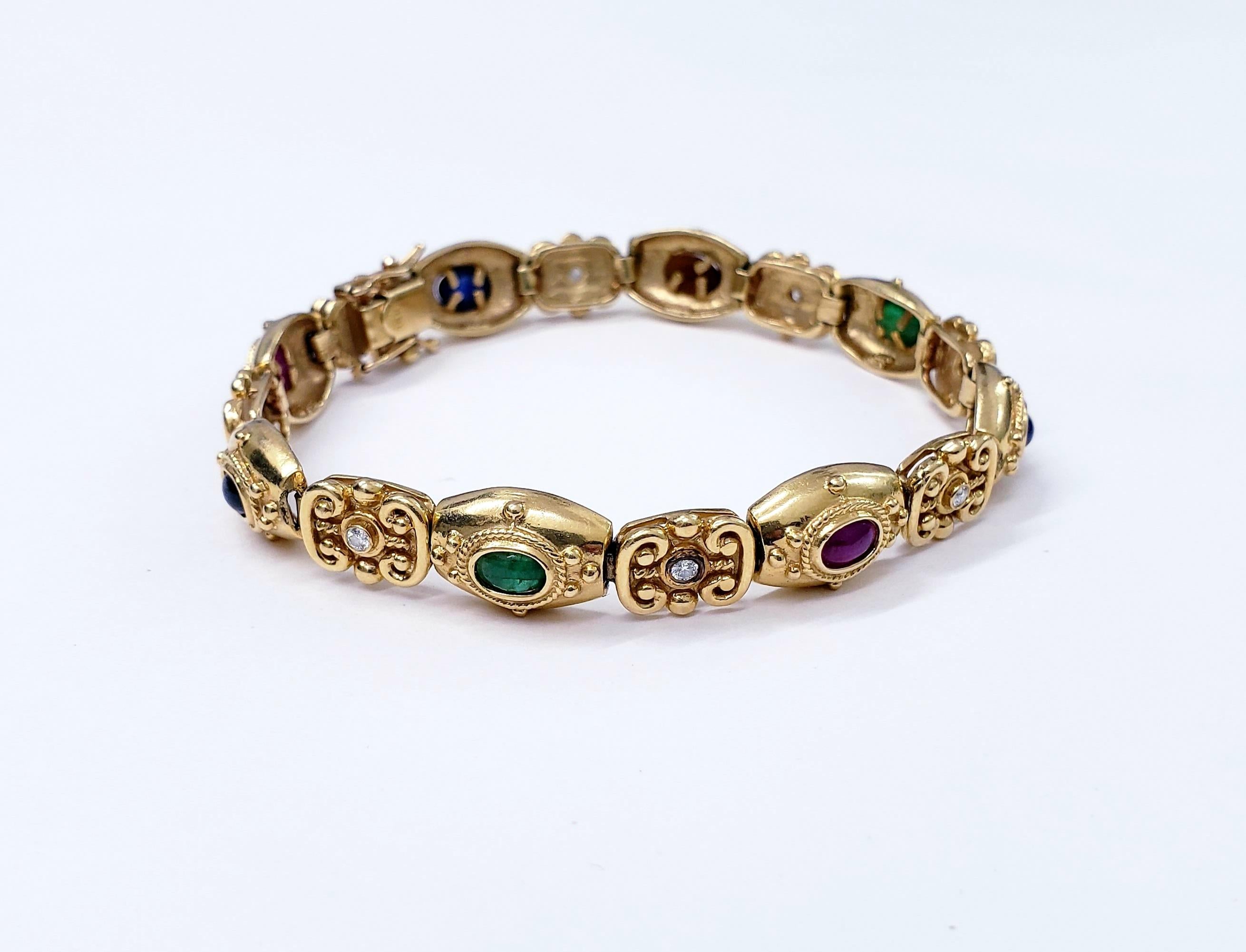 Early Victorian Ruby, Emerald & Blue Sapphire Cabochons and Diamonds Bracelet In Good Condition For Sale In Miami, FL