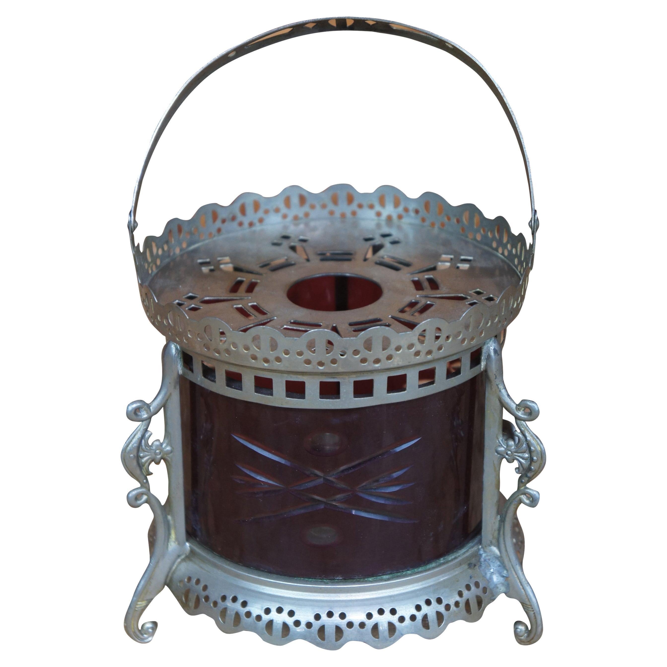 Antique Victorian Ruby Glass Pierced Reticulated Kerosene Oil Lantern Lamp