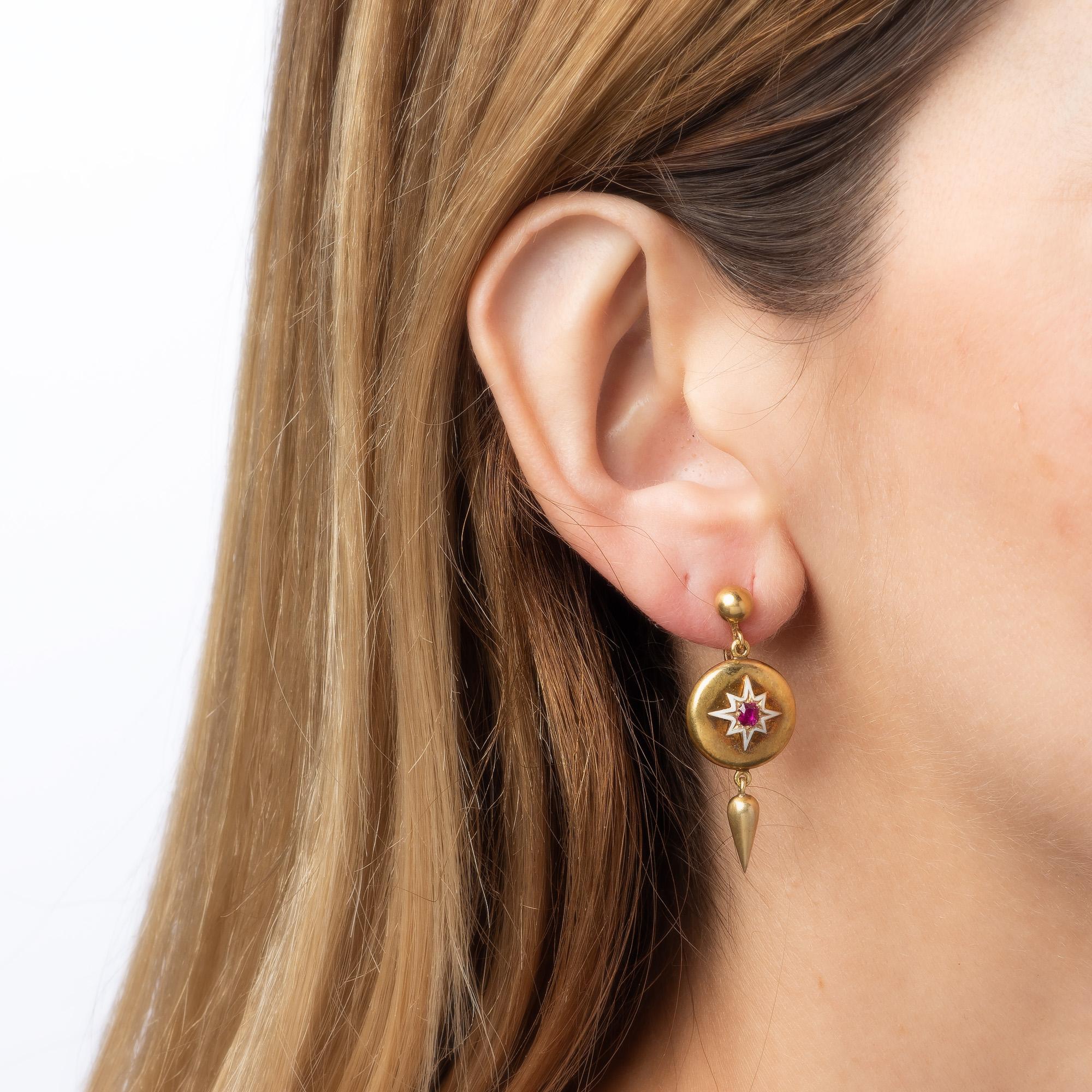 Round Cut Antique Victorian Ruby Locket Earrings Star Enamel 14k Yellow Gold 1.5