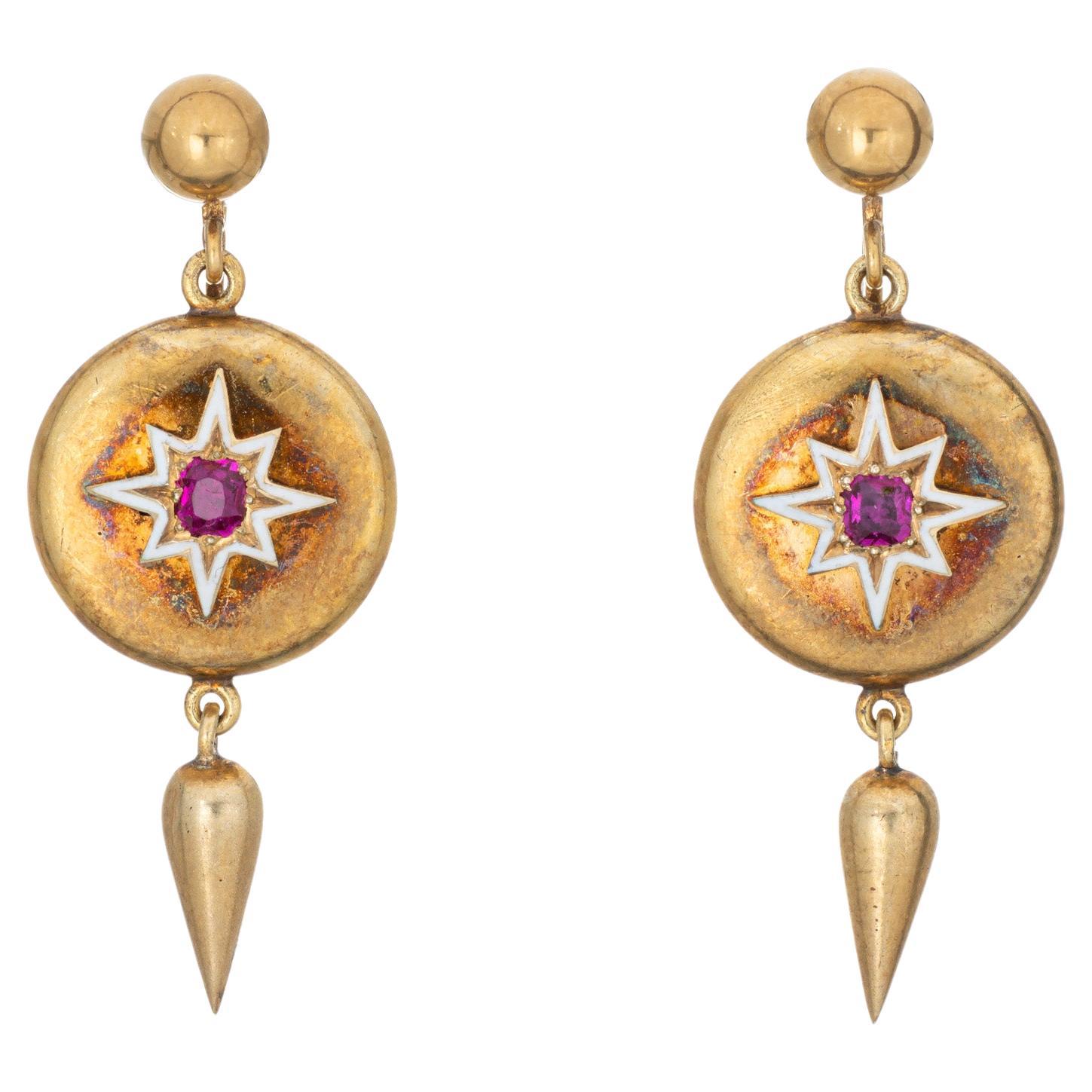 Antique Victorian Ruby Locket Earrings Star Enamel 14k Yellow Gold 1.5" Drops  For Sale