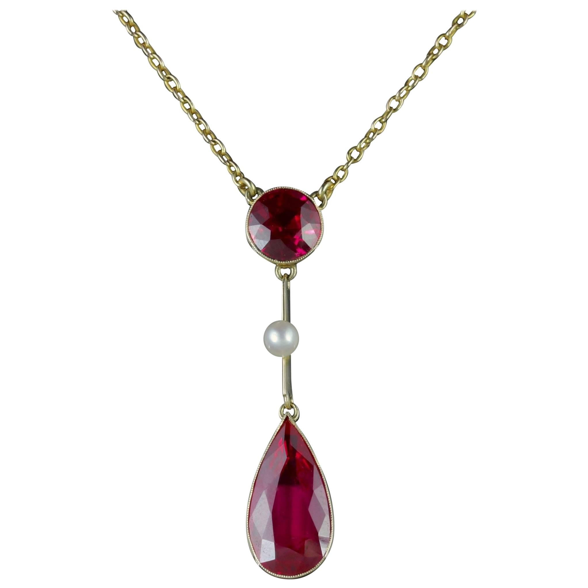 Antique Victorian Ruby Necklace 15 Carat Gold Pearl, circa 1890