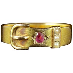 Antique Victorian Ruby Pearl Buckle Ring Dated 1881